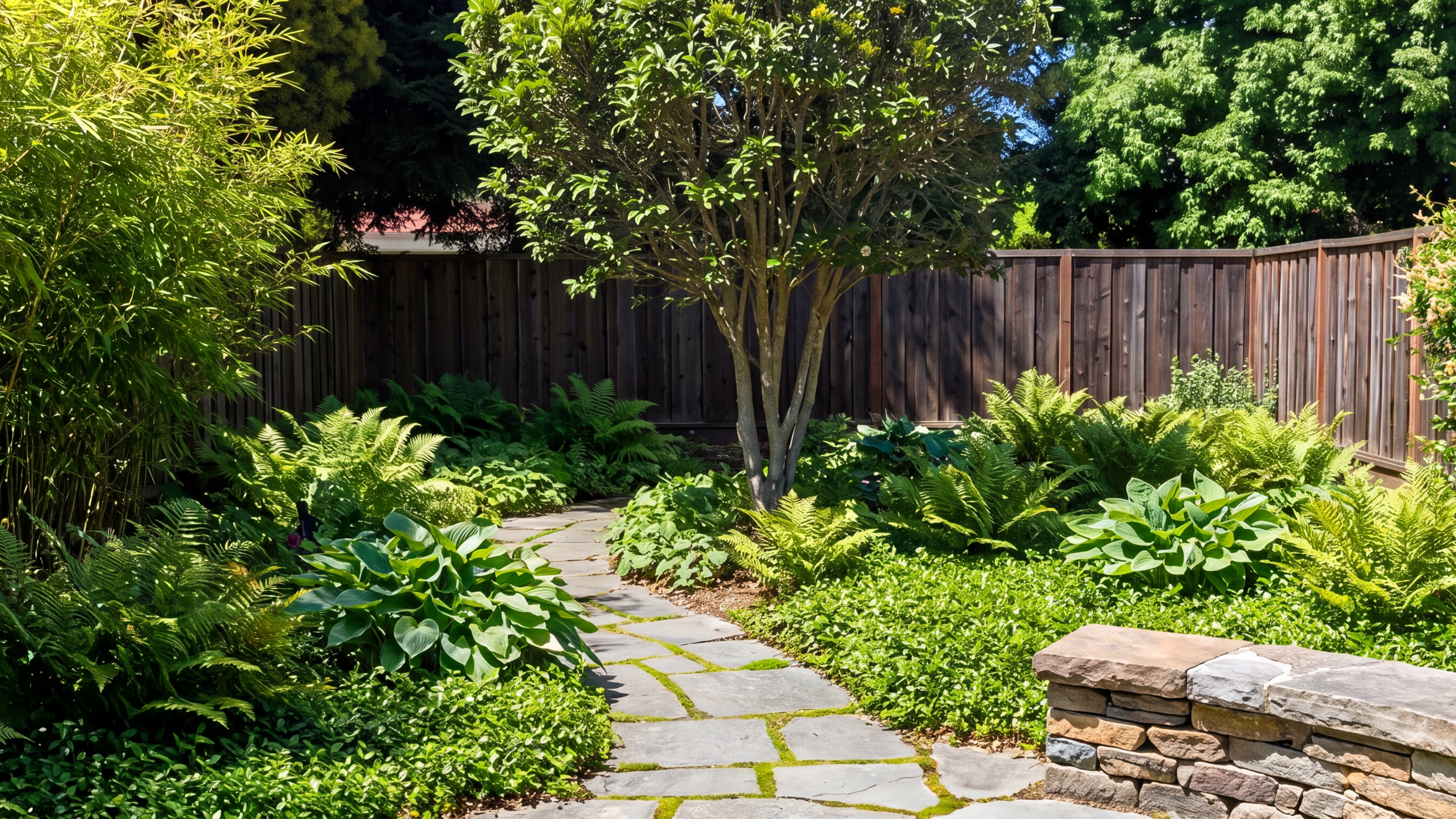 The finished garden a year on: mature bamboo, ferns, and dappled light